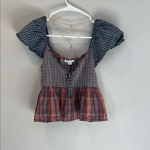 Colorful Plaid Puff Sleeve Top